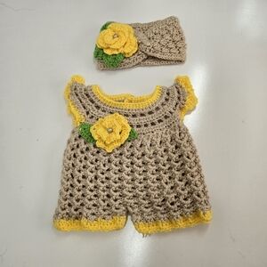 Handmade Crochet Baby 0-3 Month One Piece Outfit With Band Floral Sunny Artsy‎
